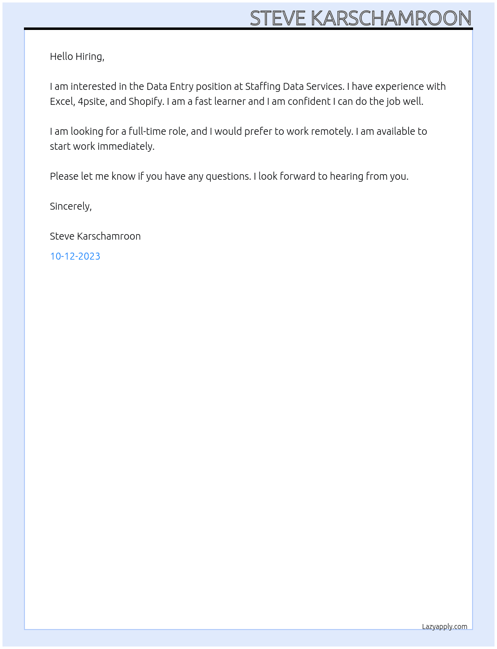 Data Entry  At Staffing Data Services Cover Letter