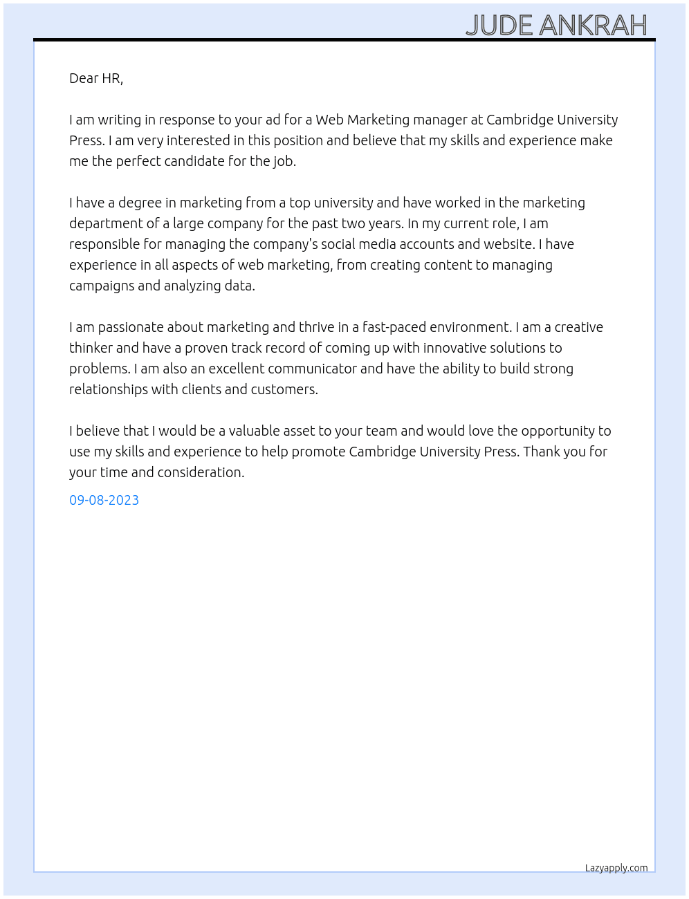 Web Marketing manager  At Cambridge University press Cover Letter