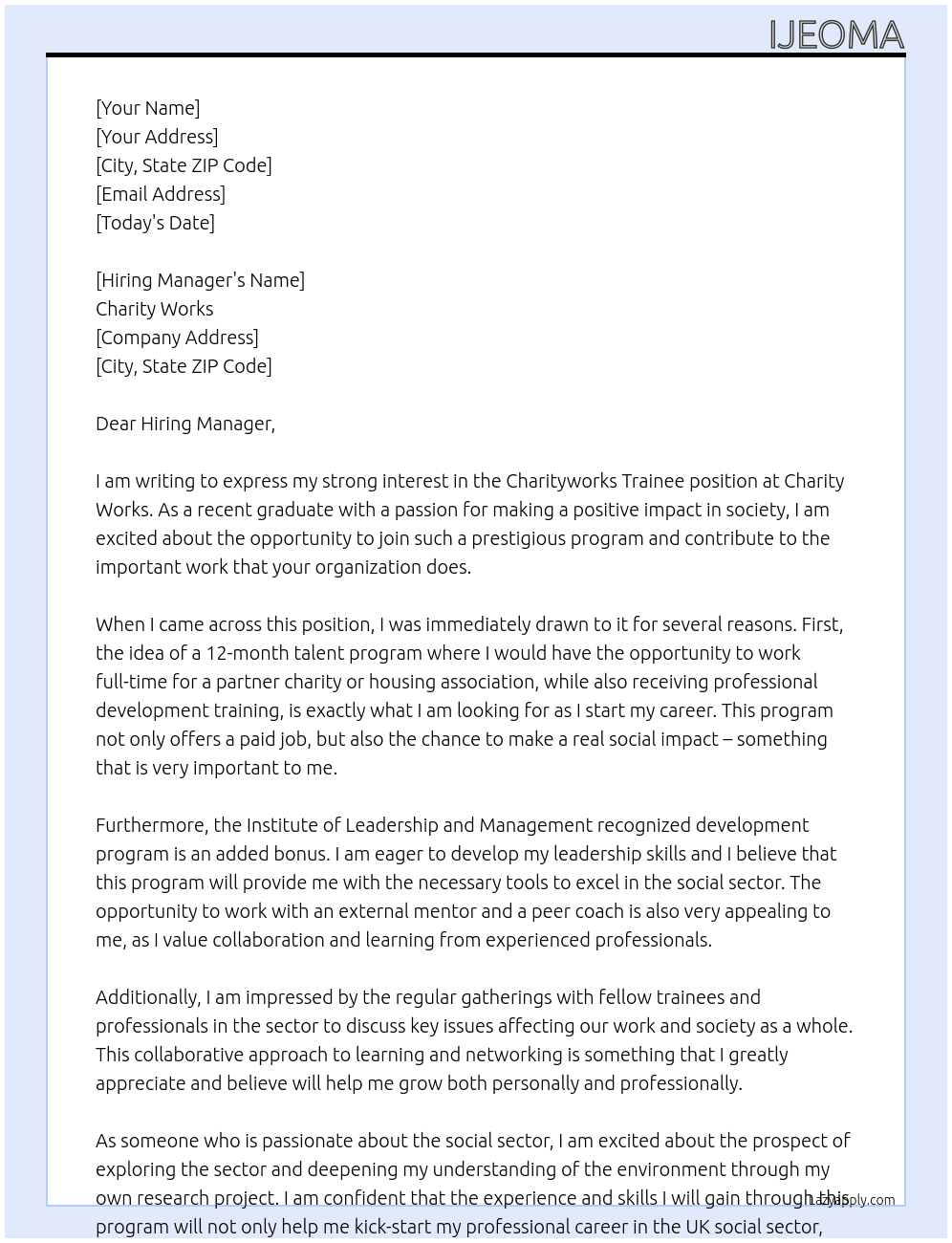 Charityworks Trainee  At Charity works  Cover Letter