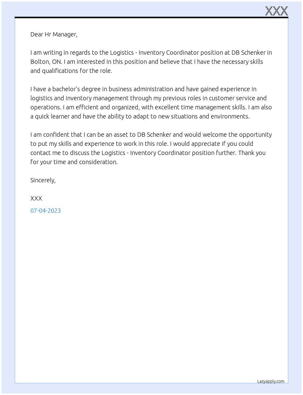 Logistics - Inventory Coordinator At DB Schenker  Bolton, ON  Cover Letter