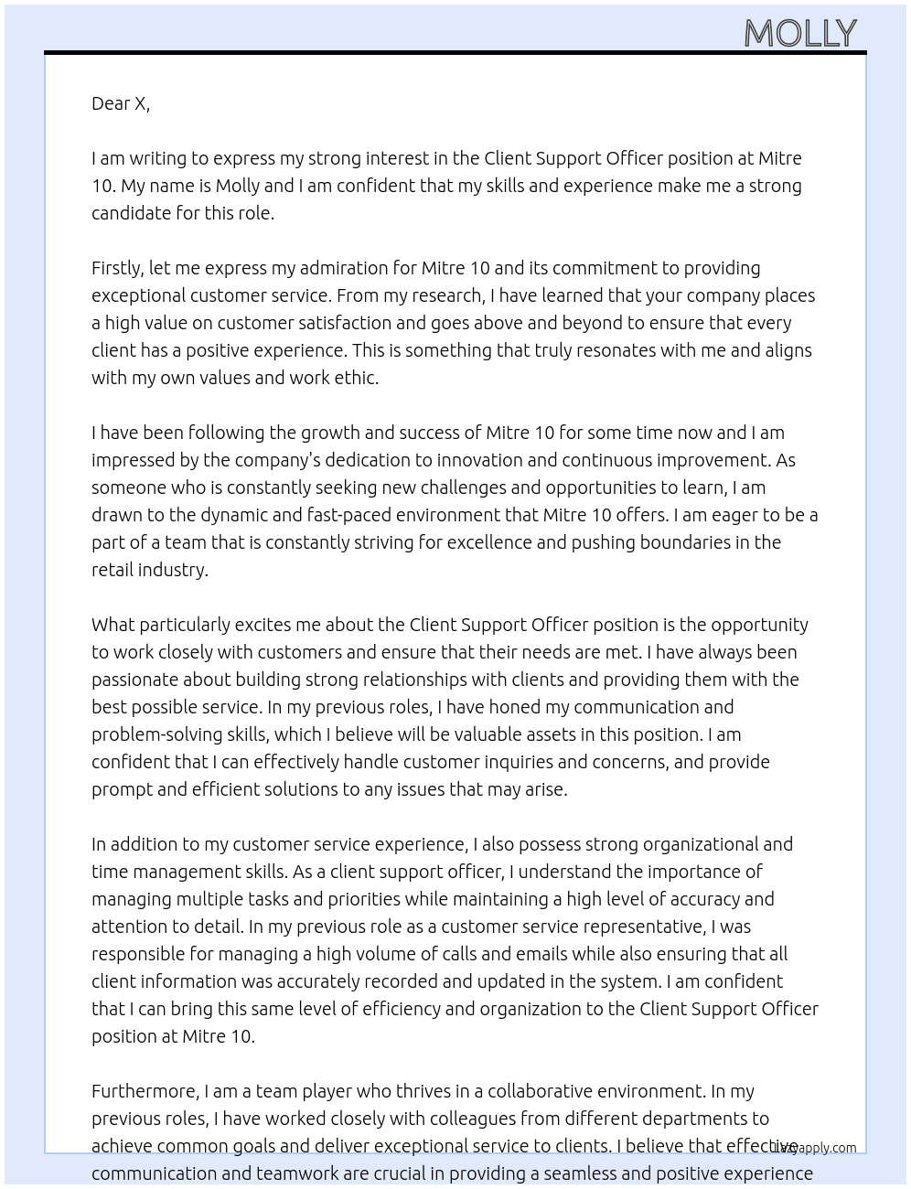 Client Support Officer  At Mitre 10 Cover Letter
