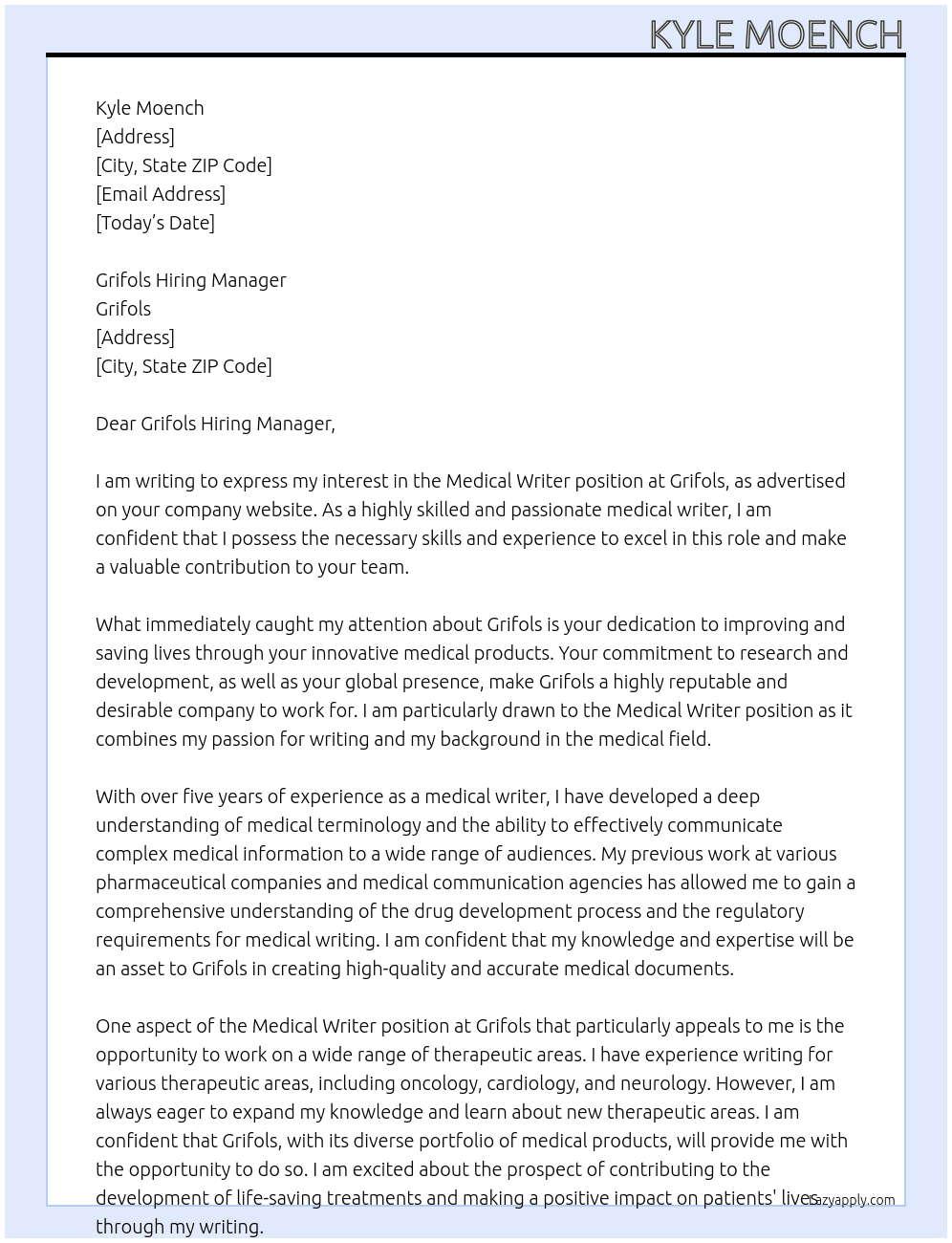 Medical Writer At Grifols Cover Letter