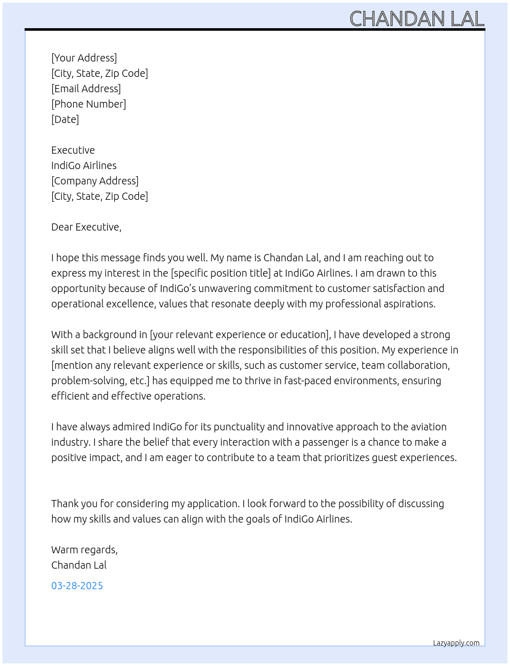 Indigo airlines At Indigo airlines Cover Letter