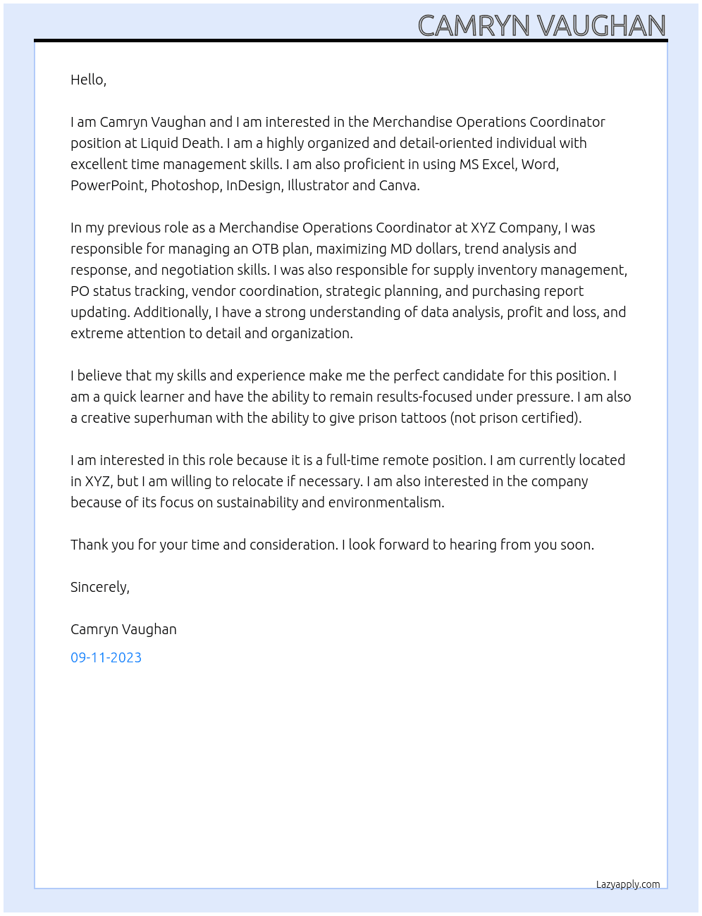 Merchandise Operations Coordinator  At Liquid Death Cover Letter
