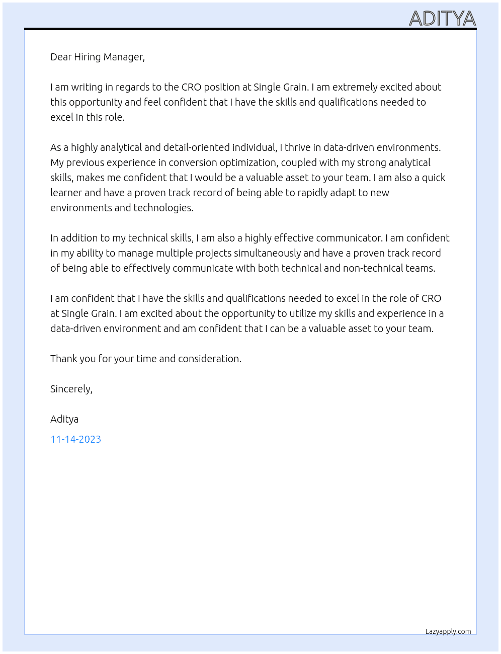 CRO  At Single Grain Cover Letter