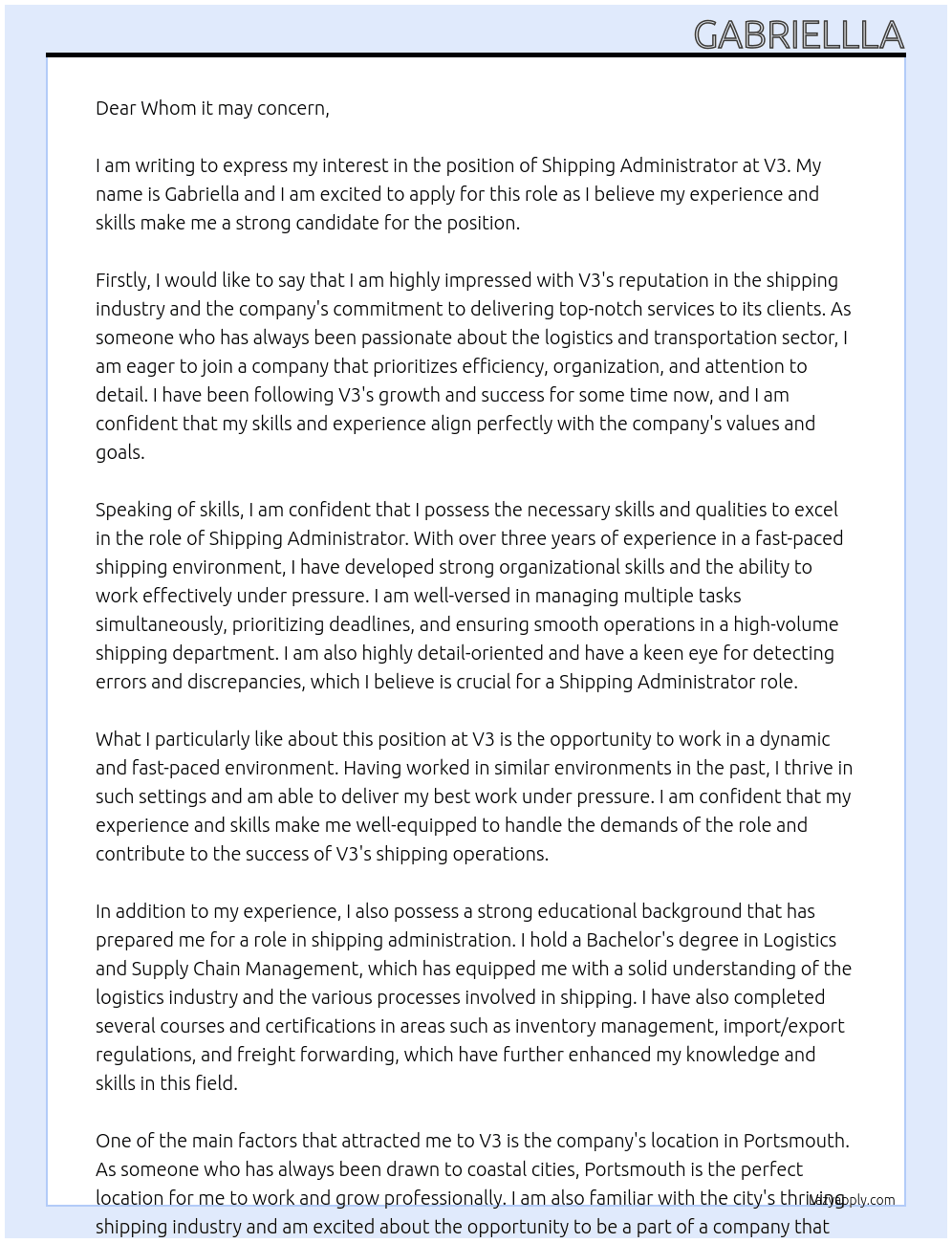 Shipping administrator At V3 Cover Letter