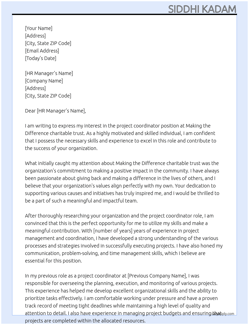 project coordinator  At Making the Difference charitable trust Cover Letter
