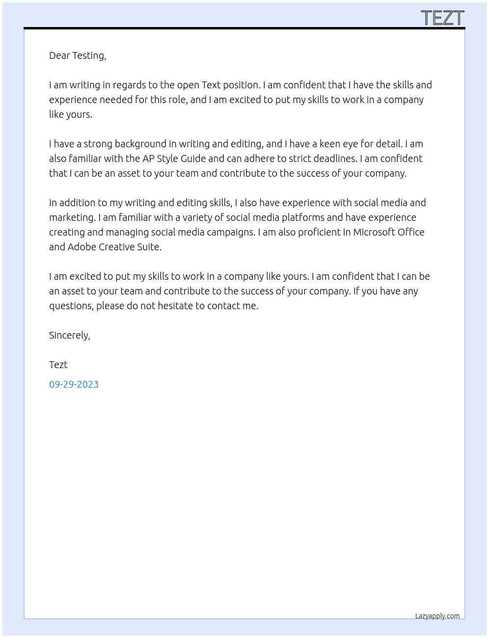 Text At Testing Cover Letter