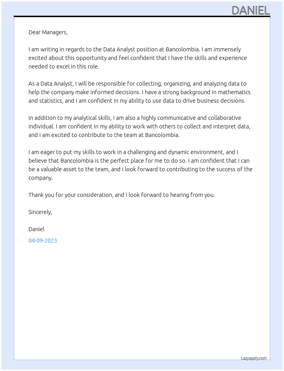 Data analyst At Bancolombia Cover Letter