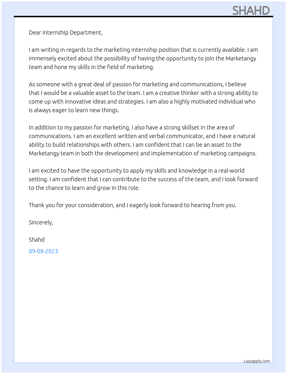 Marketing intern At Marketangy Cover Letter