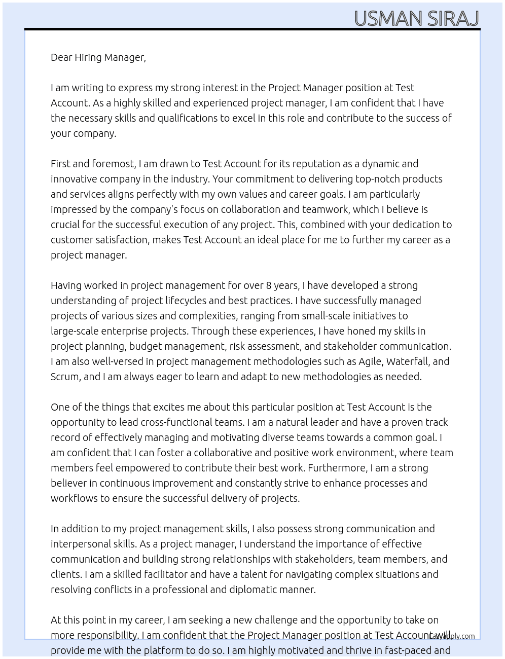 Project Manager At Test Account Cover Letter