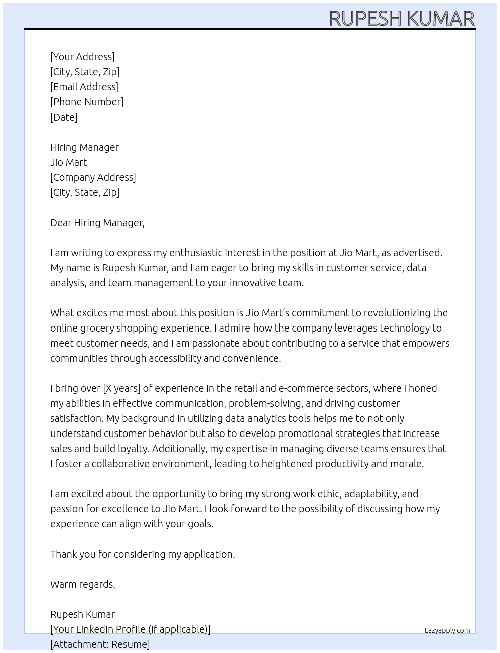 Jio mart At Jio mart  Cover Letter