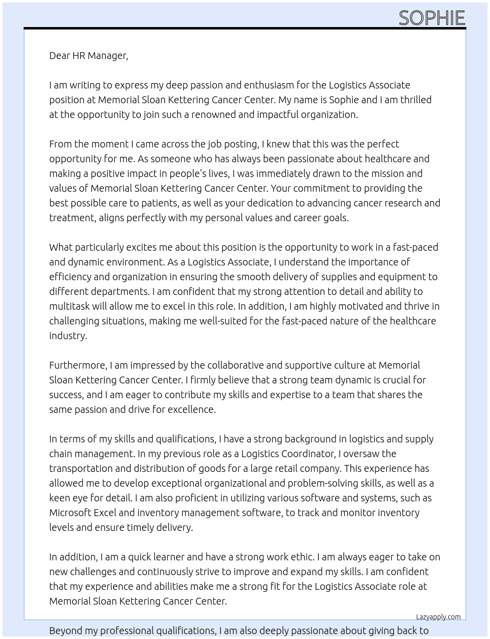 Logistics Associate  At Memorial Sloan Kettering Cancer Center Cover Letter