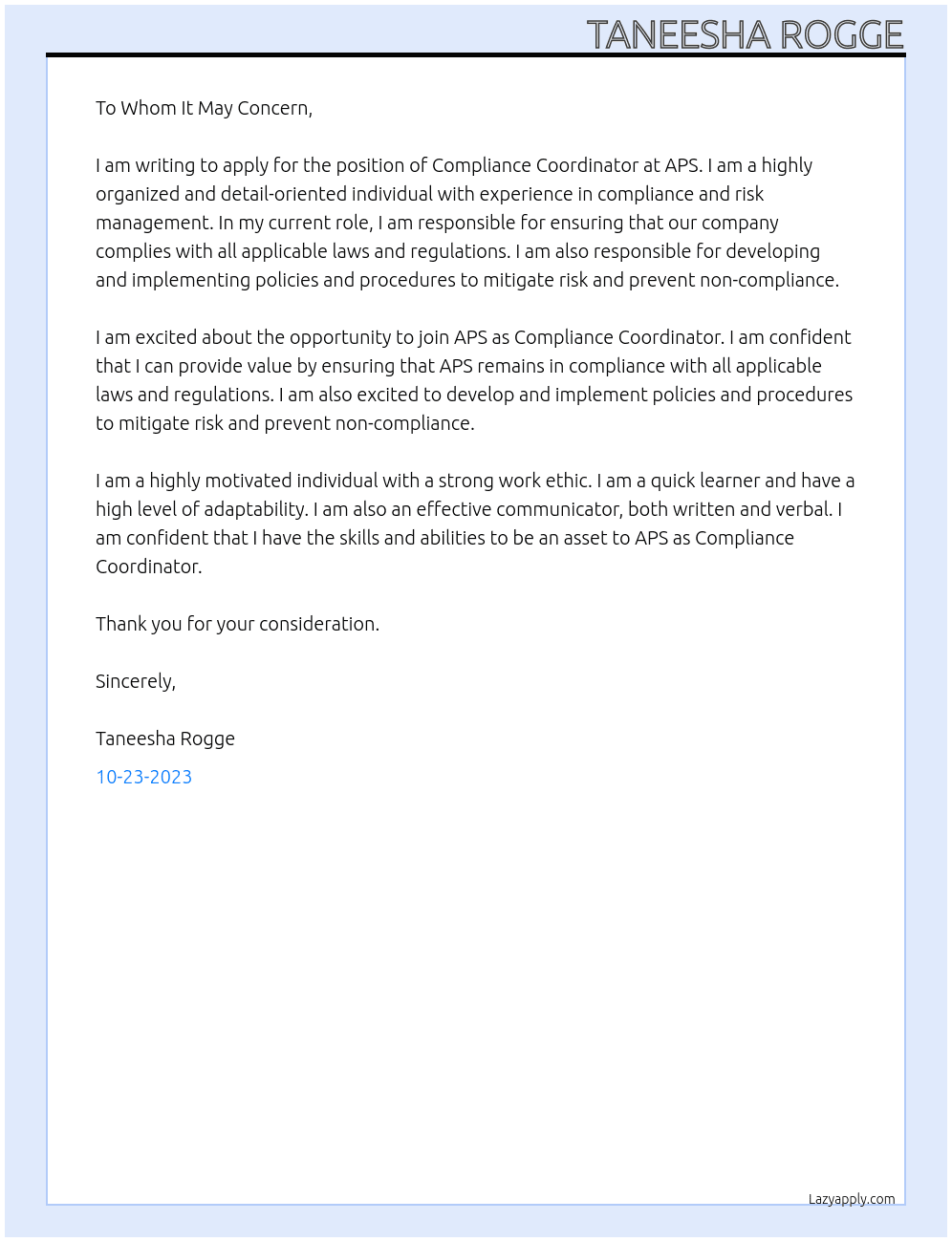 Compliance Coordinator At APS Cover Letter