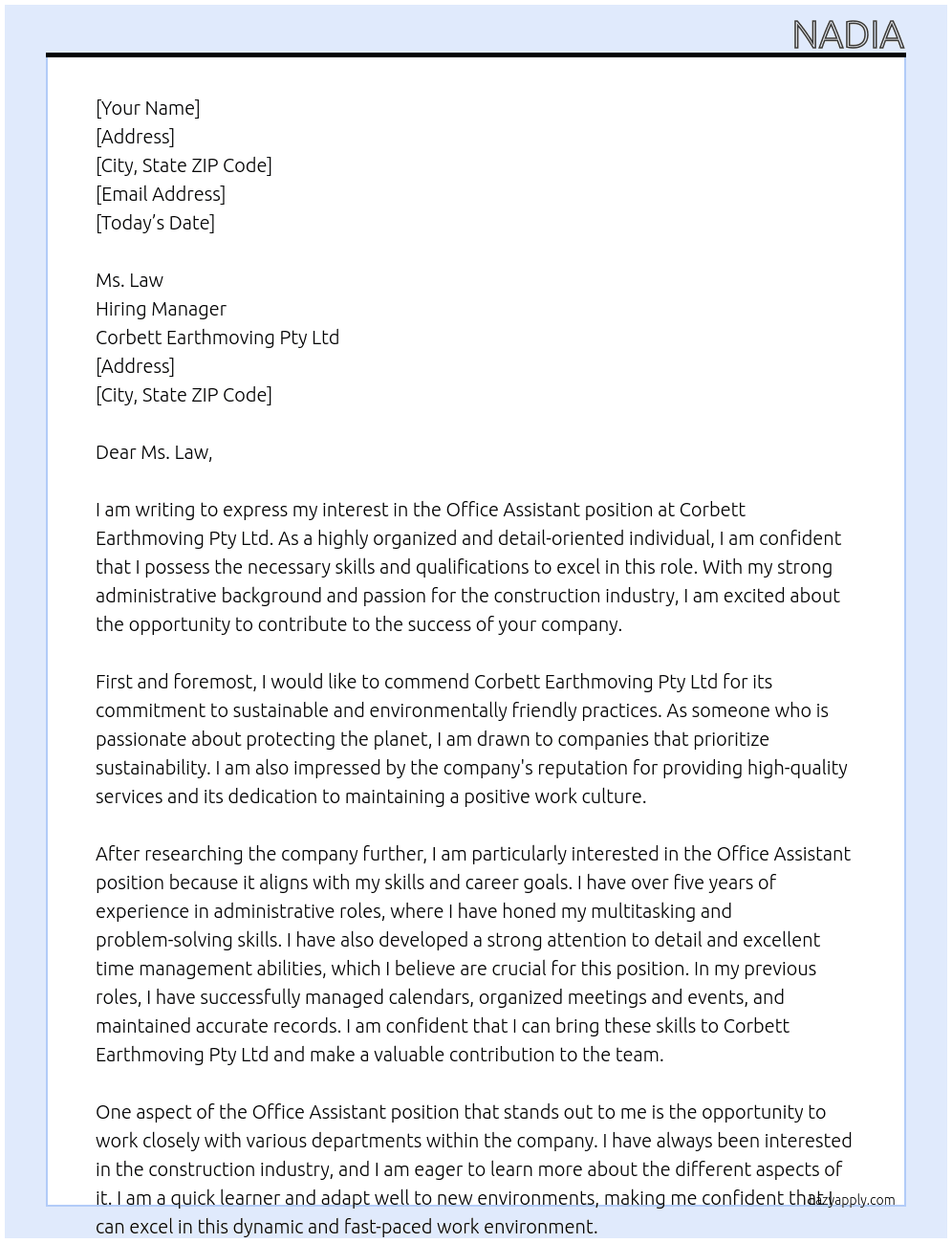 Office Assistant At Corbett Earthmoving Pty Ltd Cover Letter
