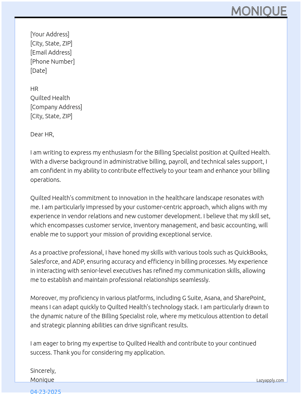 Billing Specialist At Quilted Health Cover Letter