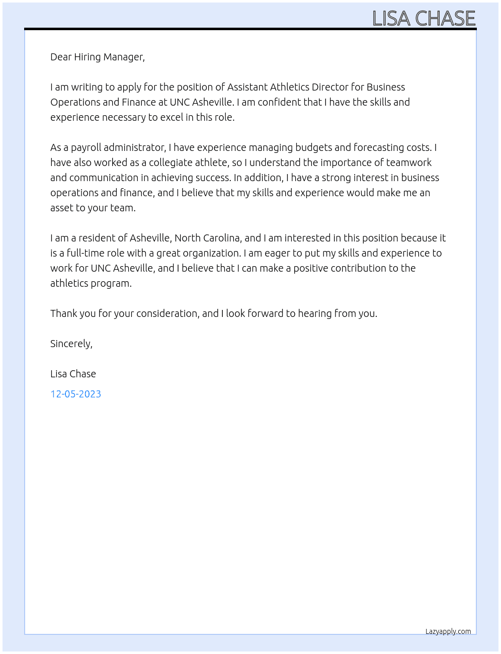 Assistant Athletics Director for Business Operations and Finance At UNC Asheville Cover Letter
