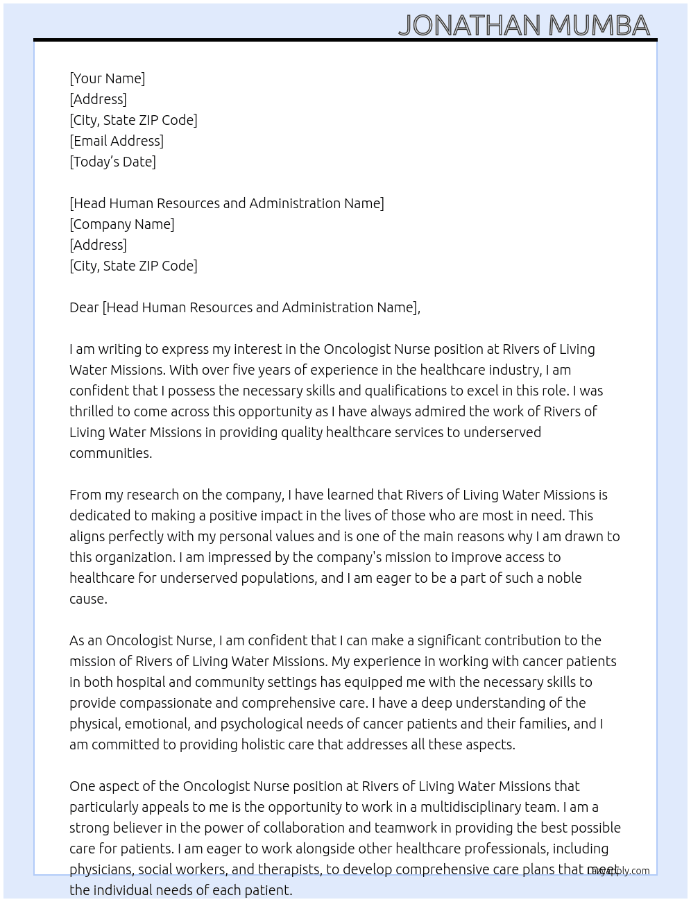 Oncologist nurse At Rivers of Living Water Missions Cover Letter