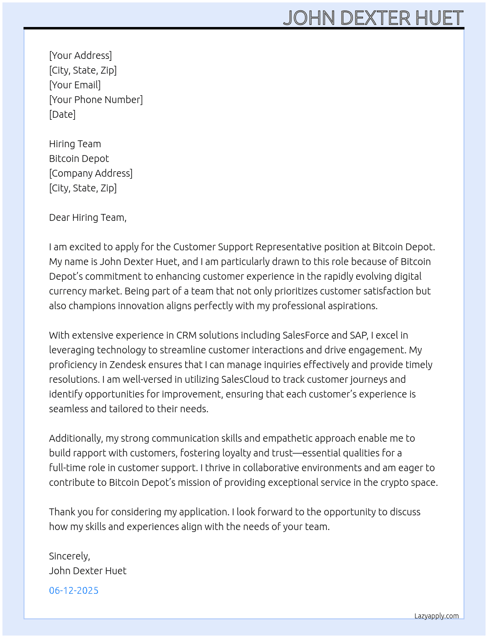 Customer Support Representative At Bitcoin Depot Cover Letter