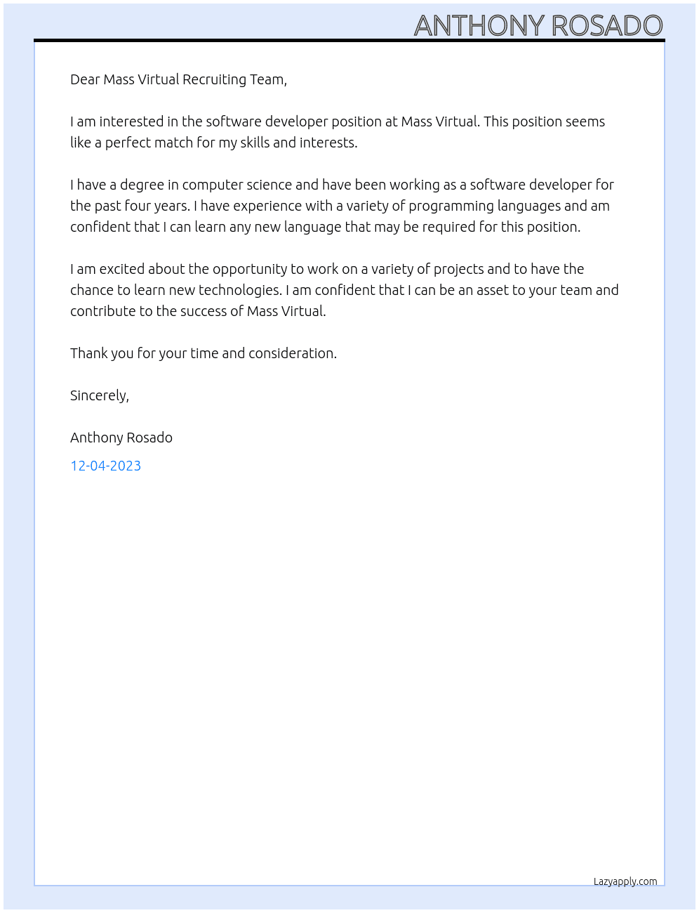 software developer At Mass Virtual Cover Letter