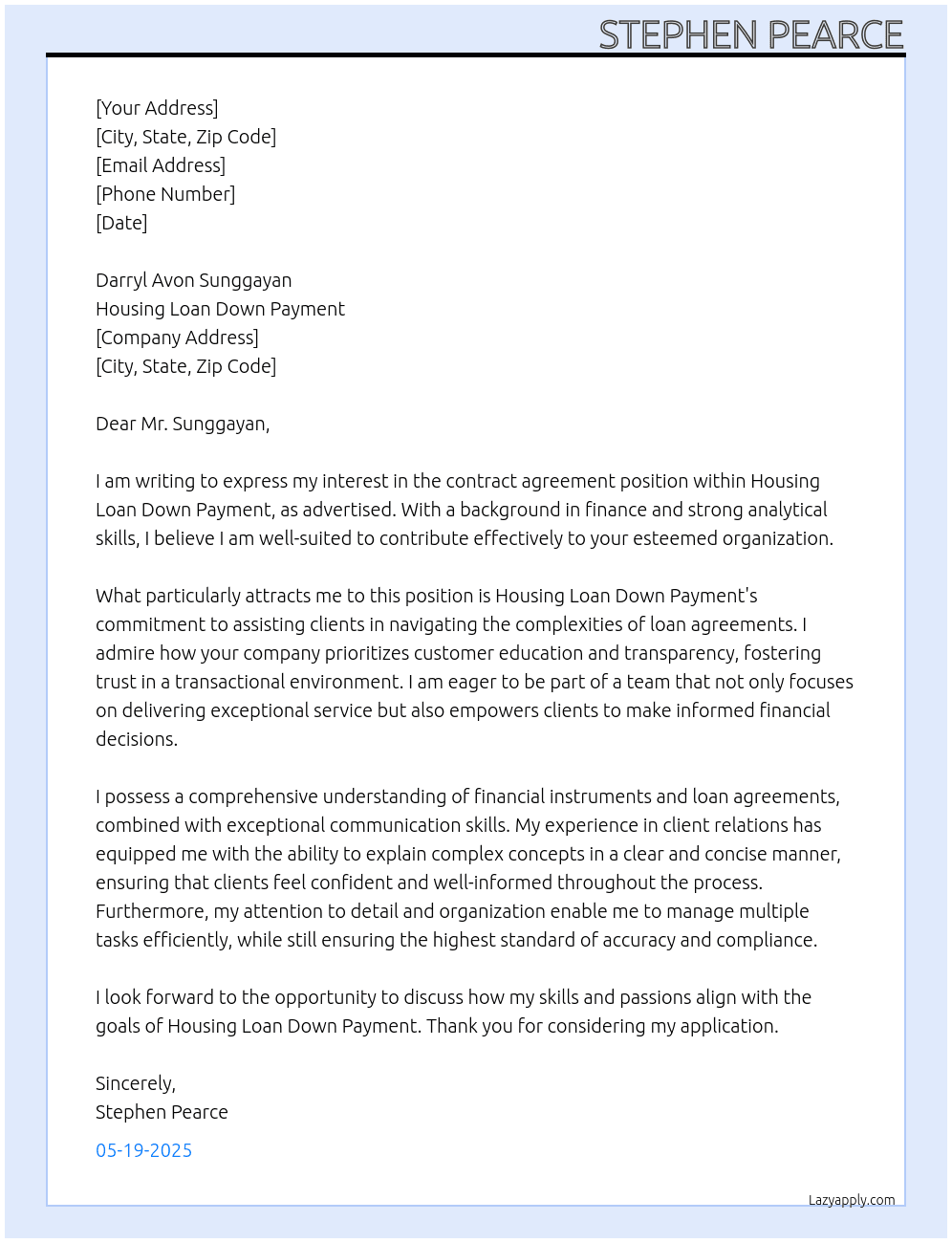 contract agreement At Housing loan down payment Cover Letter