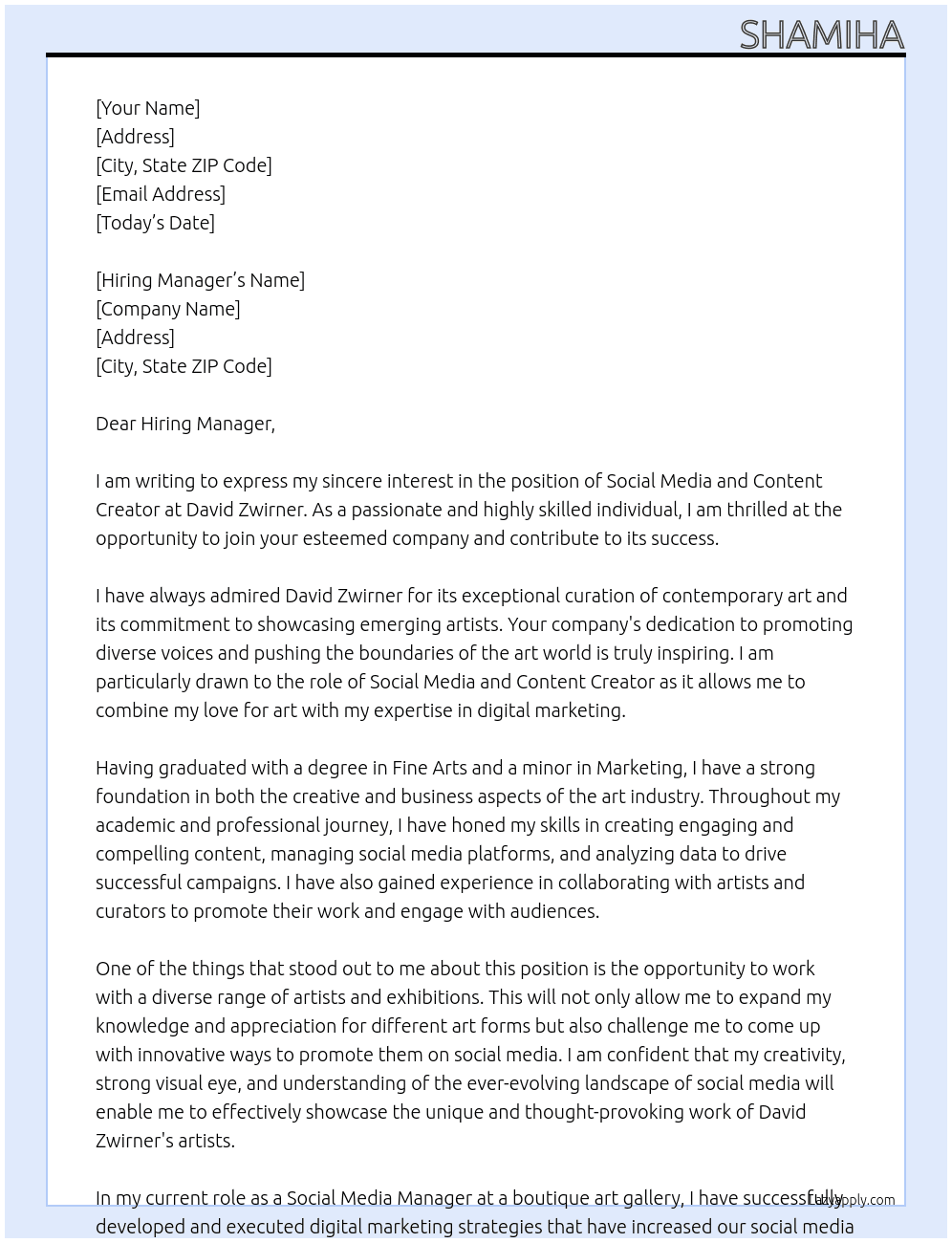 Social Media and Content Creator At David Zwirner Cover Letter