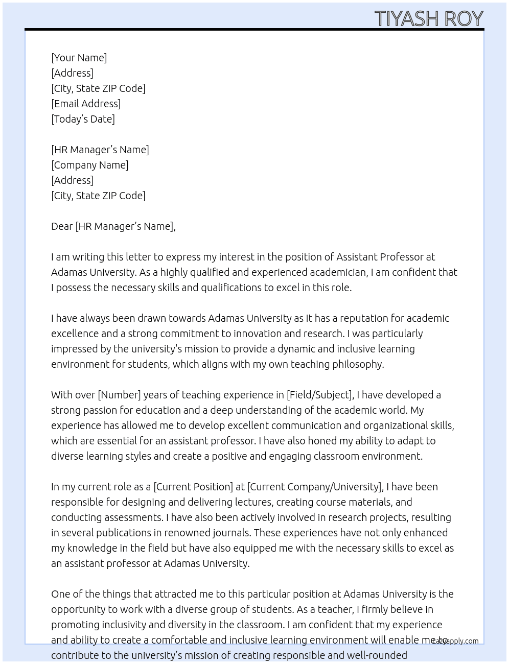 Assistant Professor  At Adamas University  Cover Letter