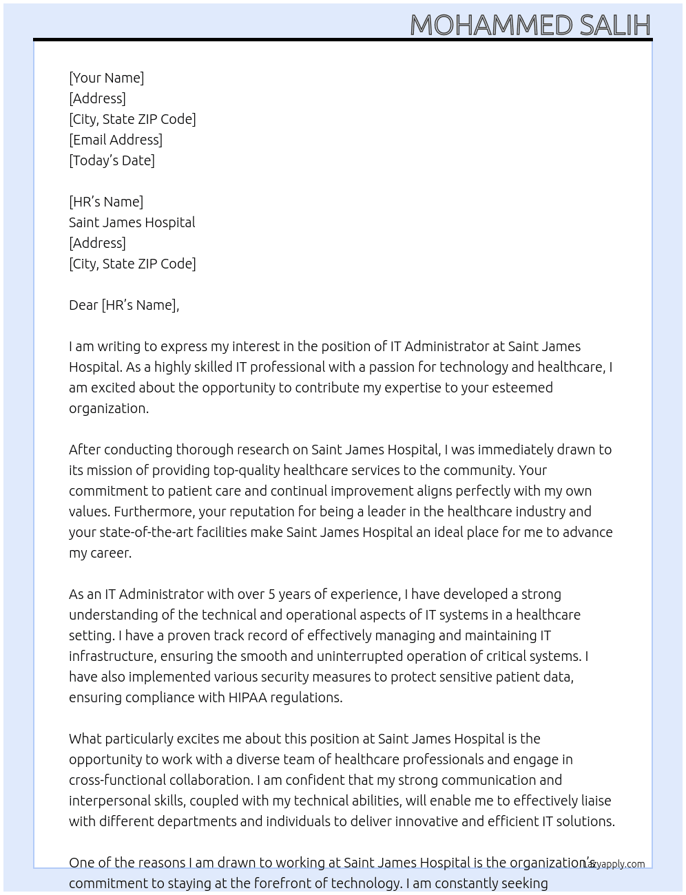 IT Adminstrator At Saint James Hospital  Cover Letter