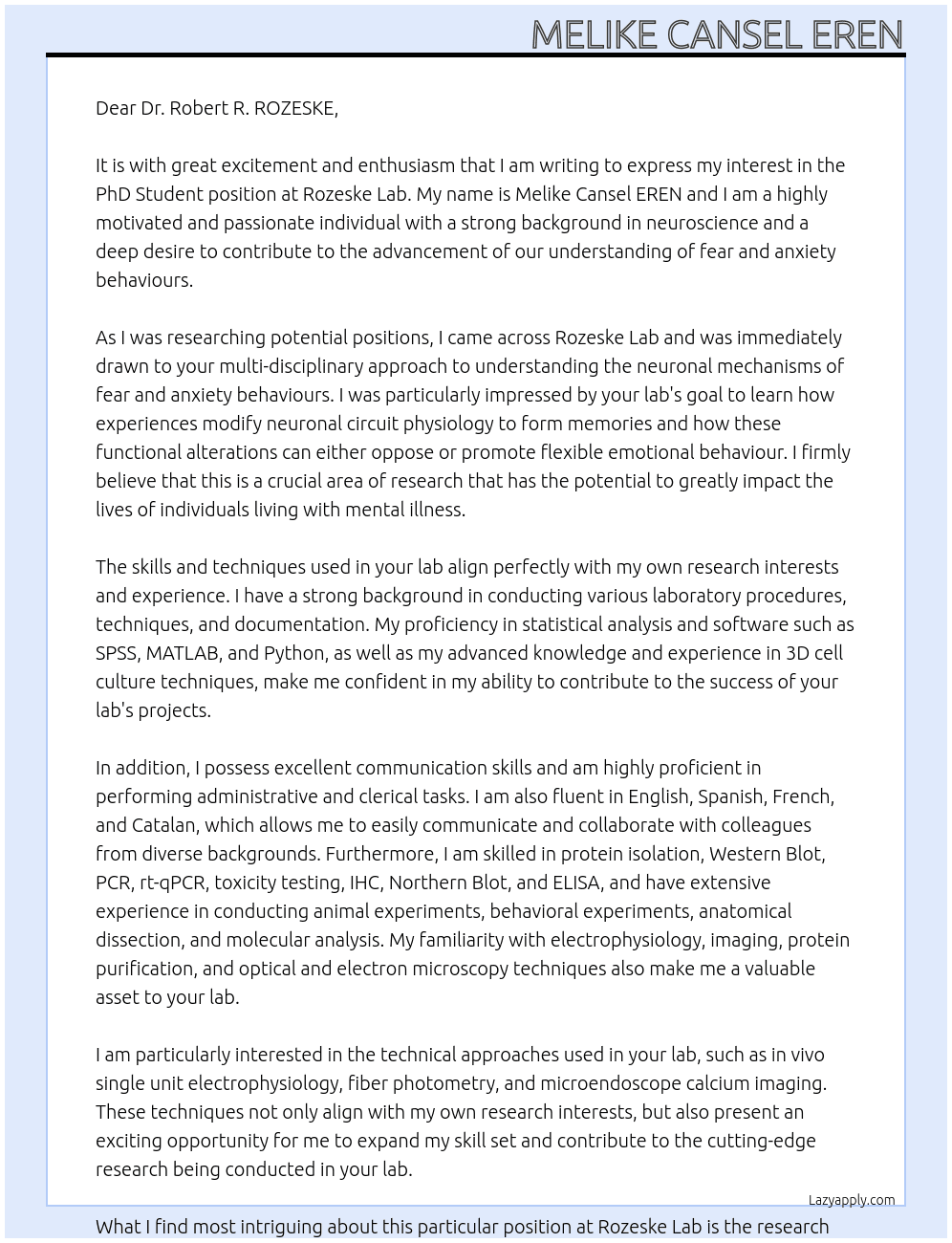 PhD Student At Rozeske  Lab Cover Letter