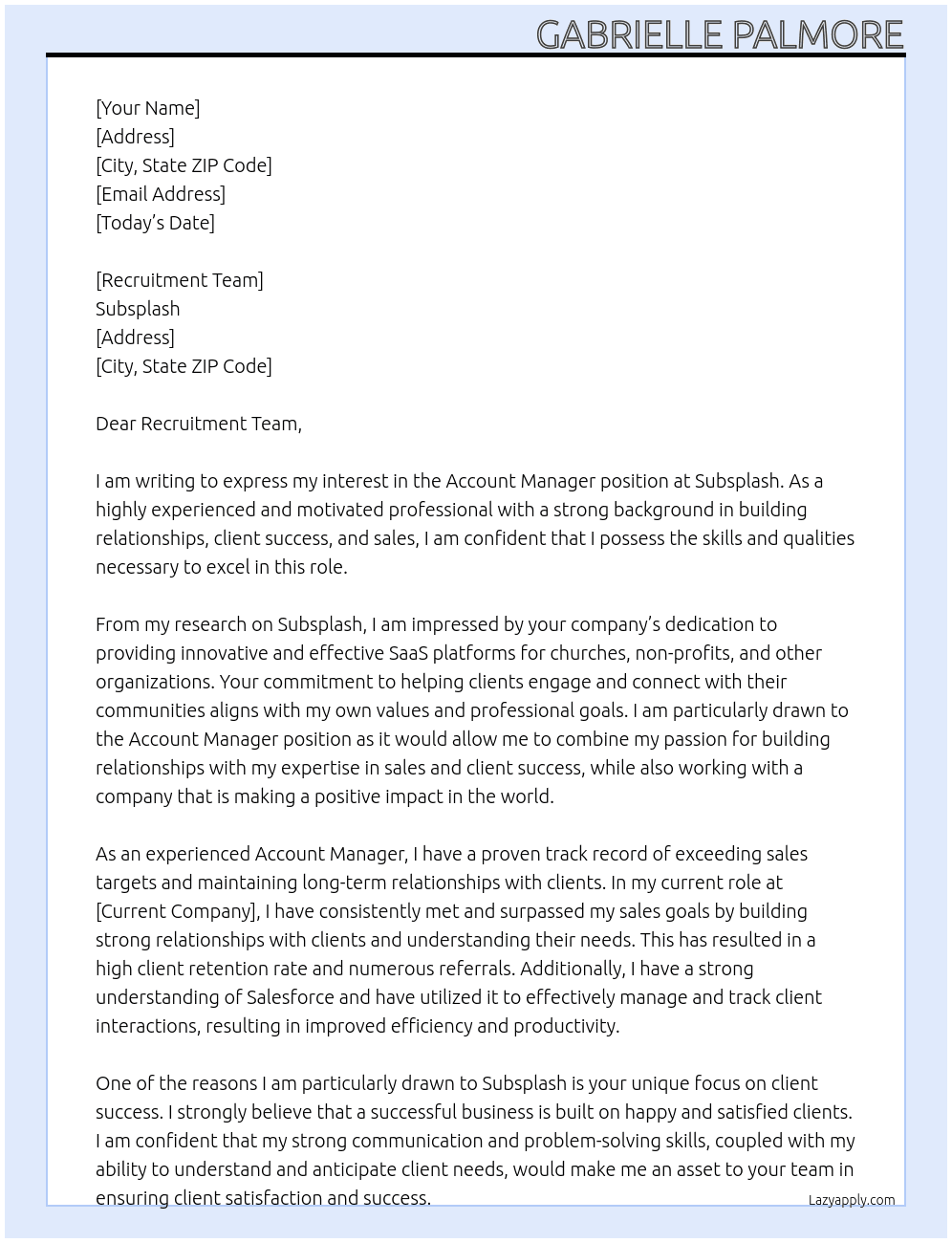 Account Manager At Subsplash  Cover Letter