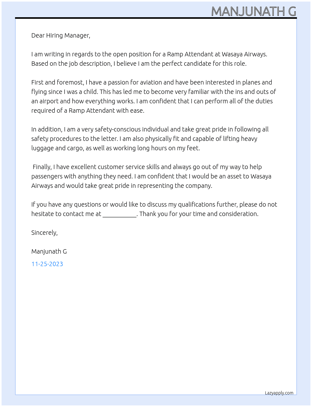 Ramp attend At wasaya airways Cover Letter