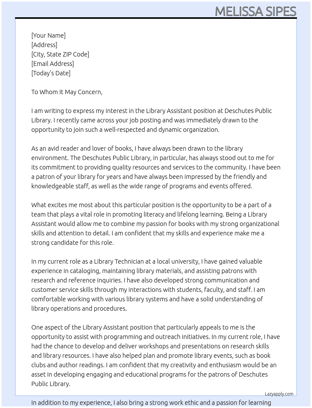 Library Assistant At Deschutes Public Library Cover Letter