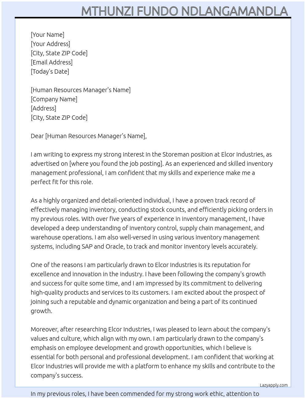 Storeman  At Elcor Industries  Cover Letter