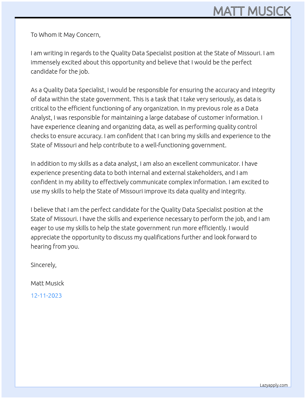 Quality data specialist  At State of Missouri Cover Letter