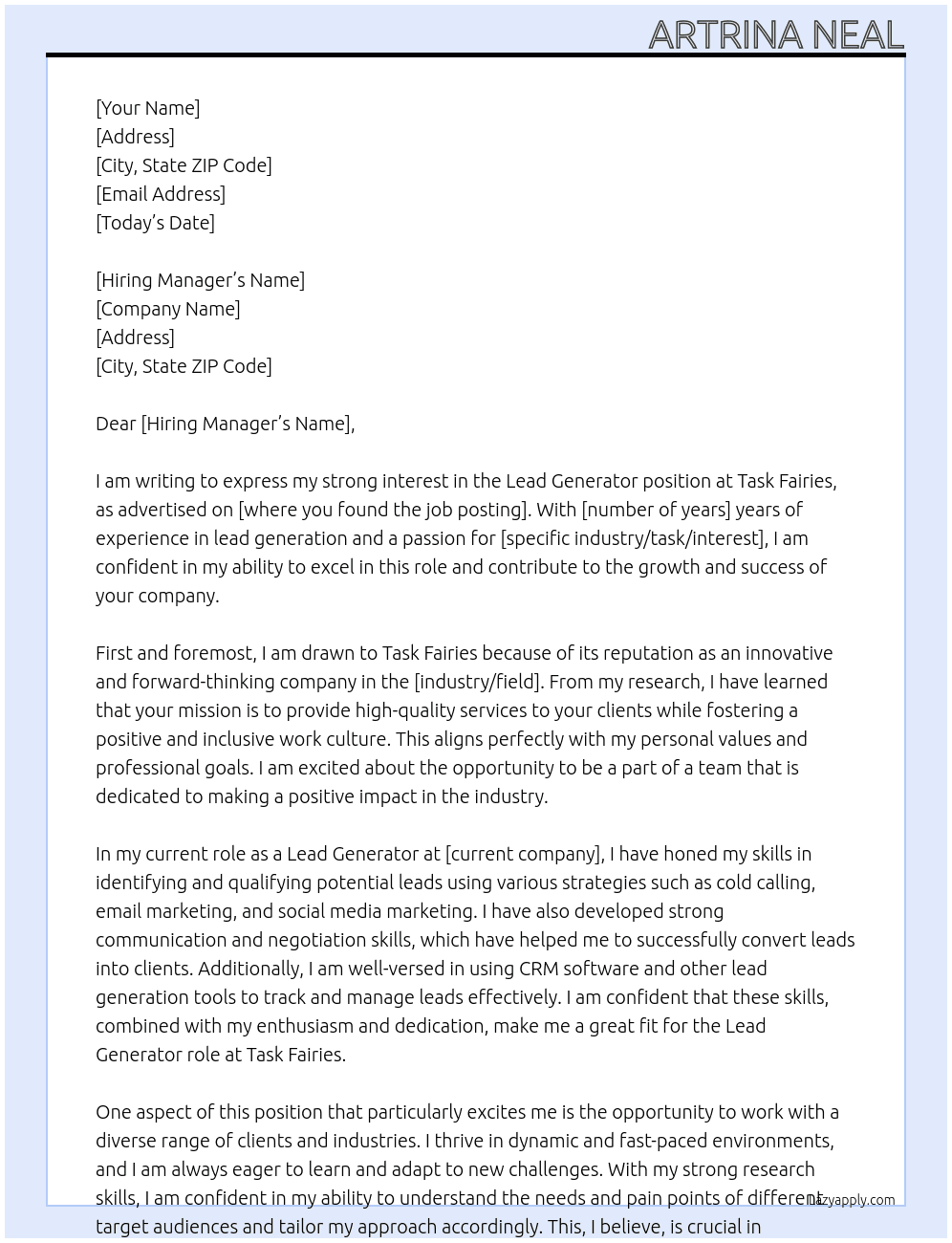 Lead Generator  At Task Fairies Cover Letter