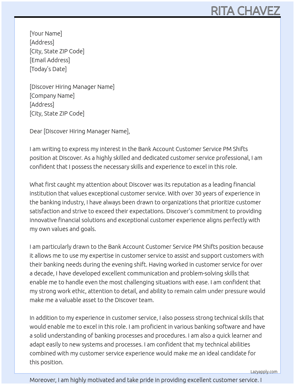 Bank Account Customer Service PM Shifts At discover Cover Letter
