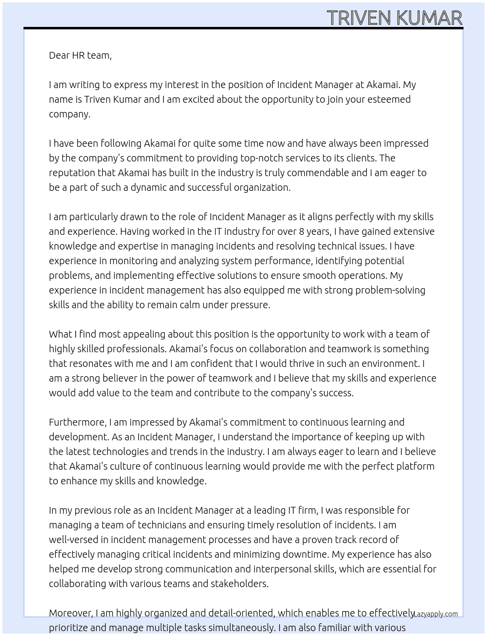 Incident Manager At Akamai Cover Letter