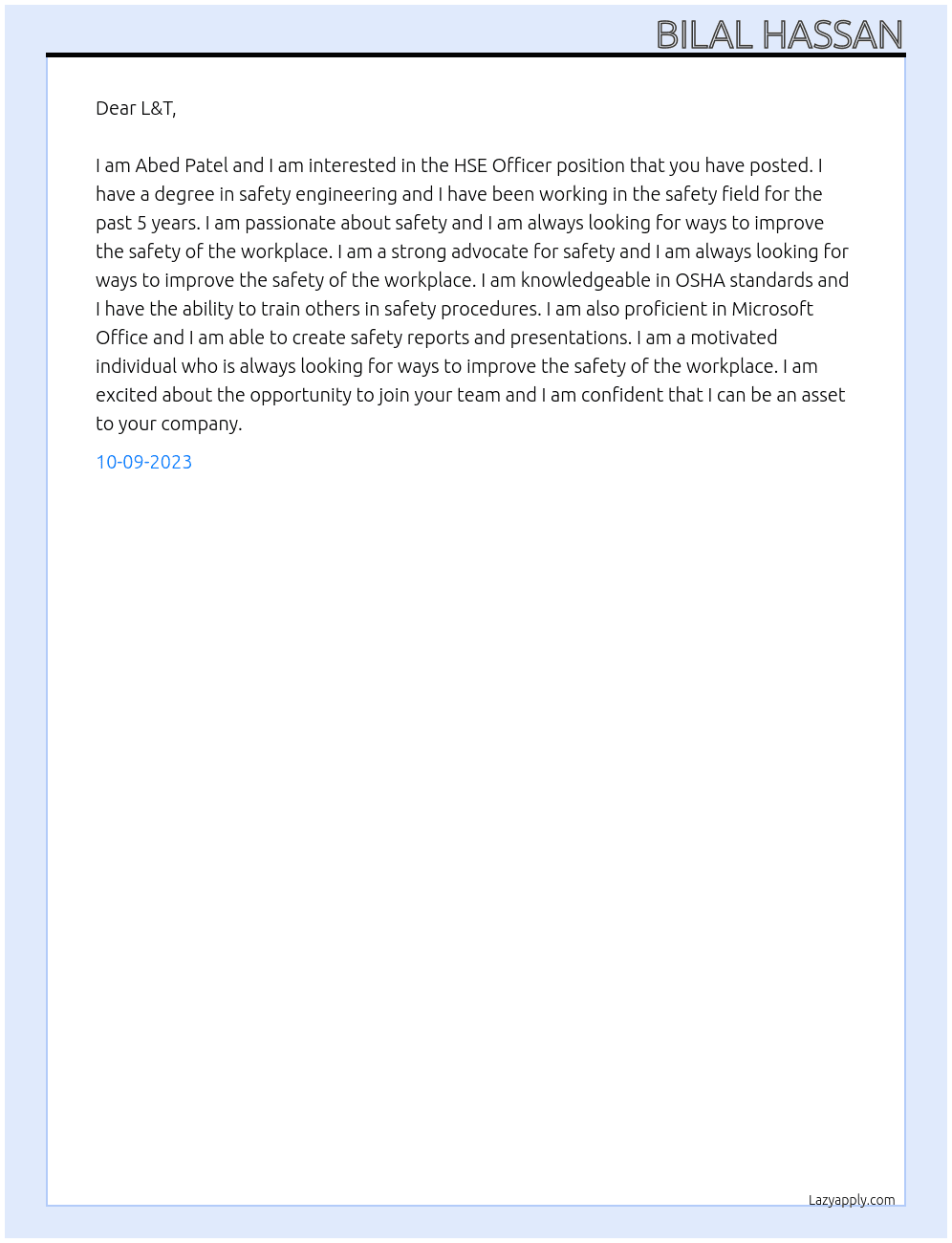 HSE Officer At L&T  Cover Letter