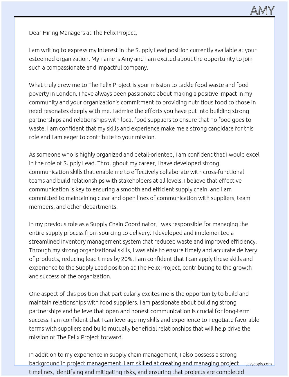 Supply Lead At The Felix Project Cover Letter