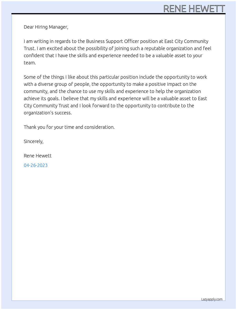 Business Support Officer At East City Community Trust Cover Letter