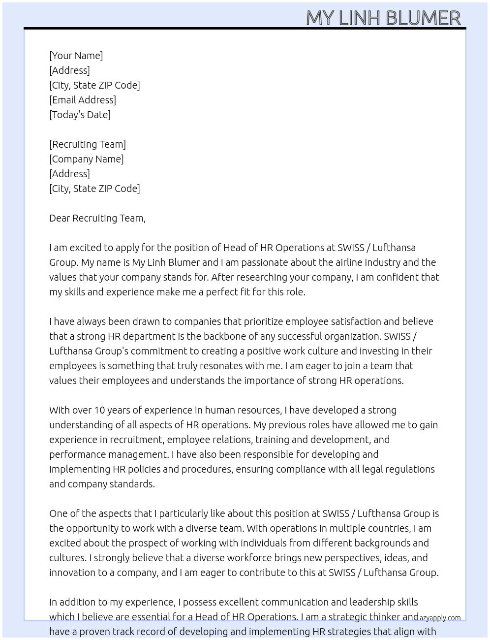 Head of HR Operations At SWISS / Lufthansa Group Cover Letter