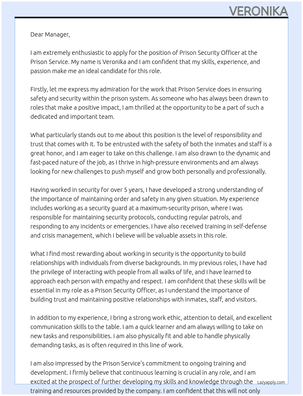 Prison security officer At Prison service Cover Letter