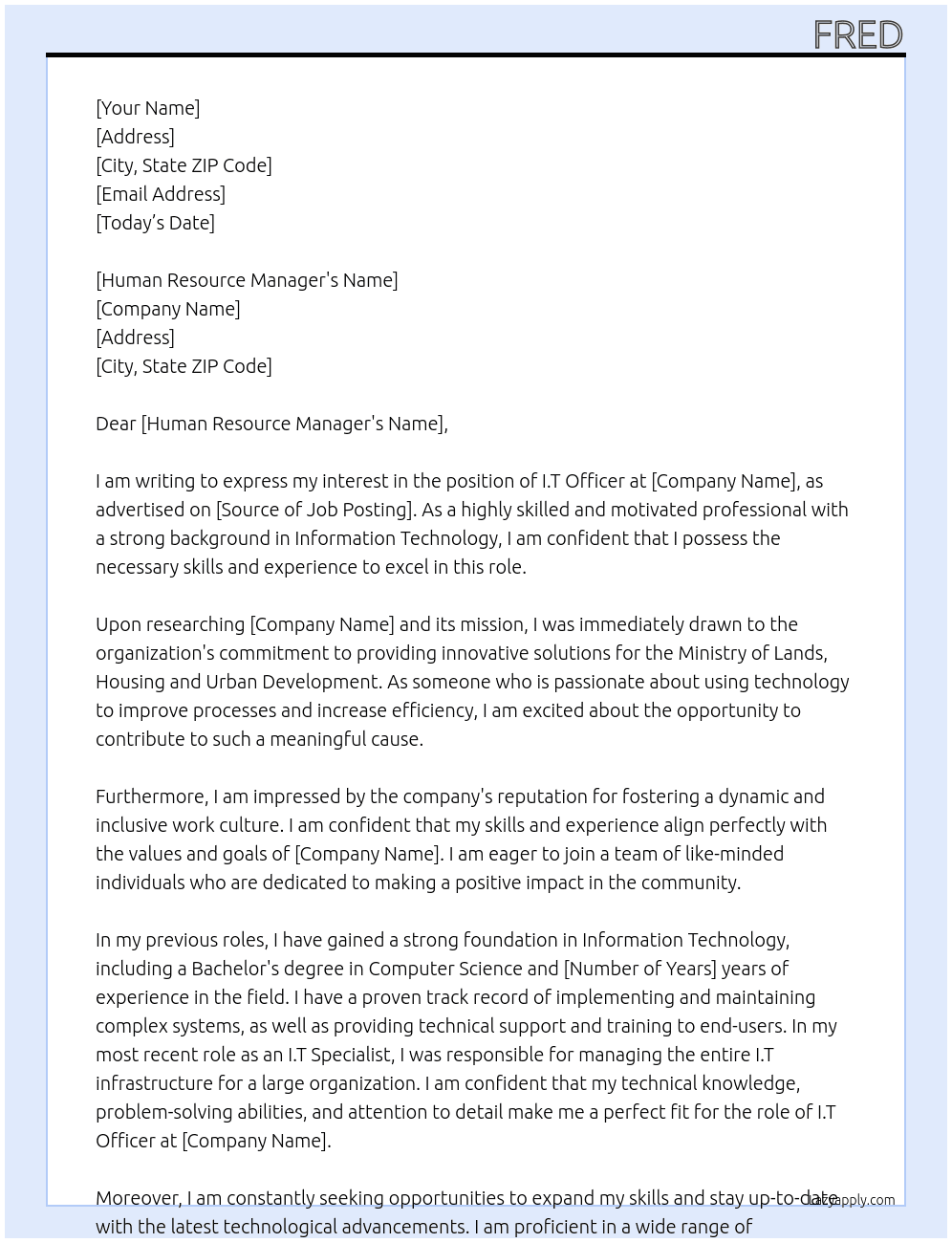 I.T officer At ministry of lands,housing and urban development Cover Letter