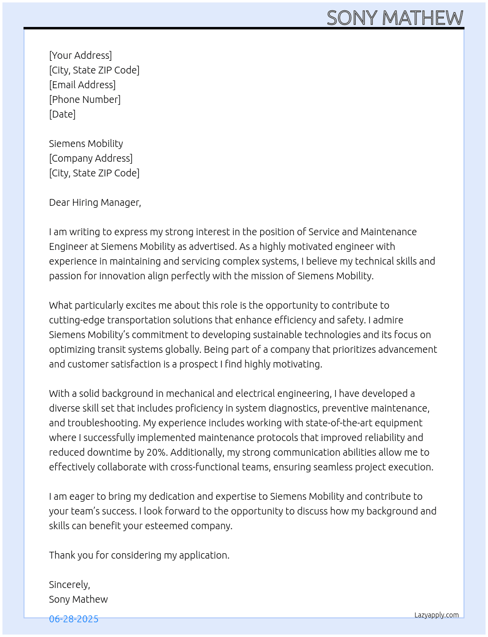 Cover letter for service and maintenance engineer - LazyApply