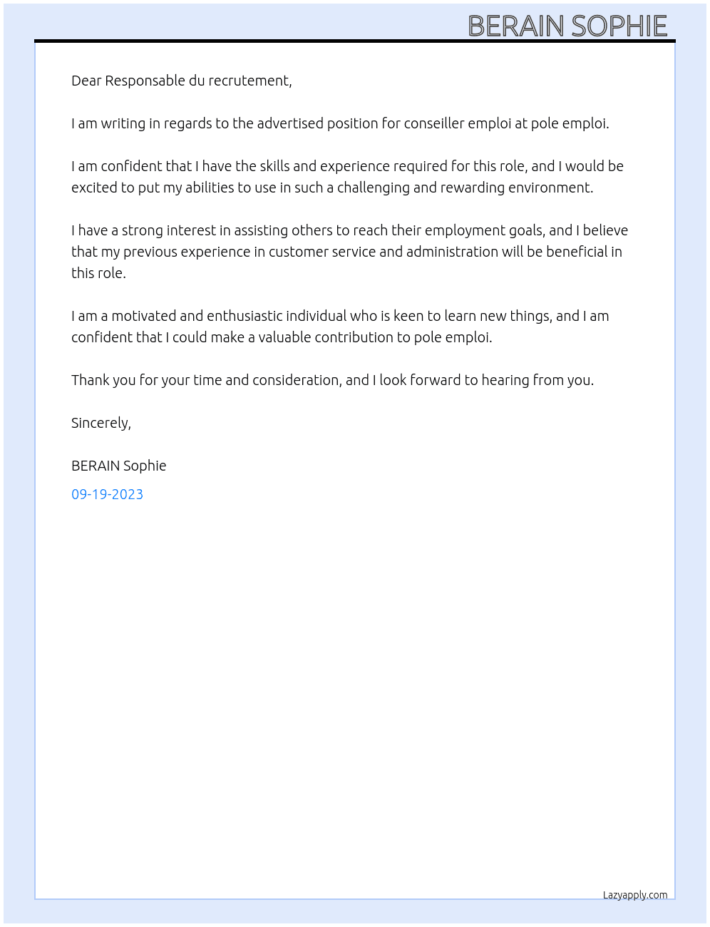 conseiller emploi  At pole emploi  Cover Letter