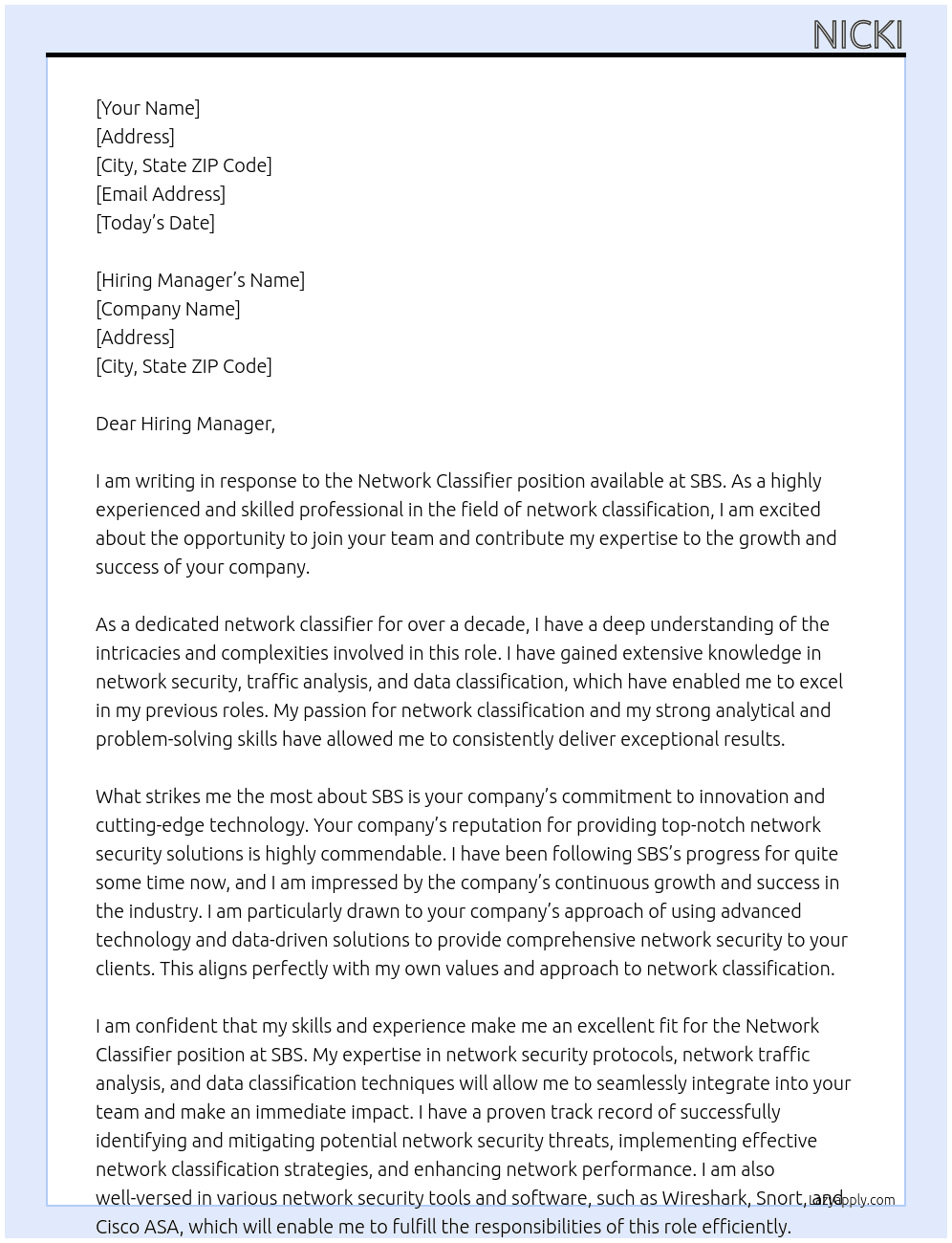 Network Classifier At SBS Cover Letter