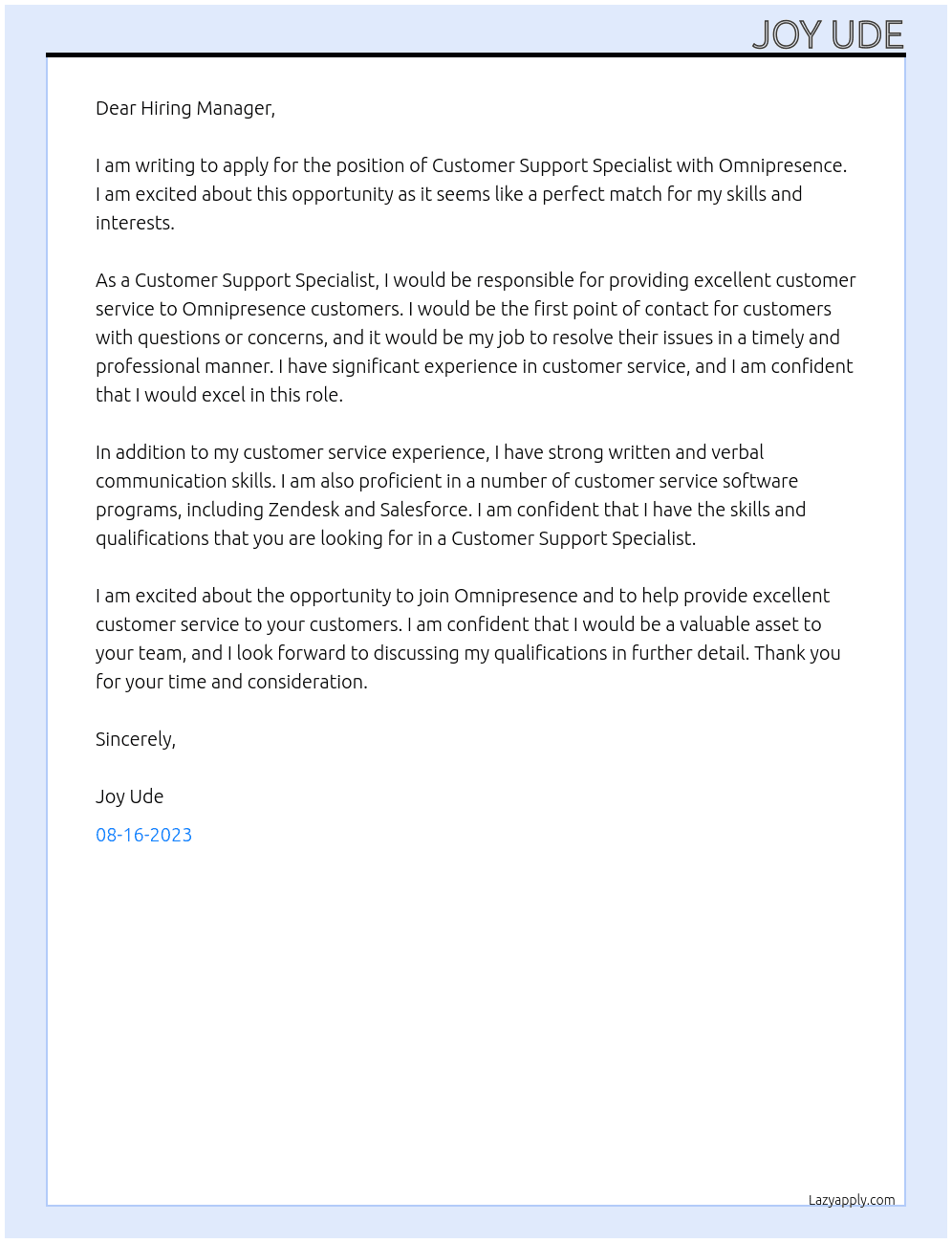 Customer Support Specialist - Fully Remote At Omnipresence Cover Letter