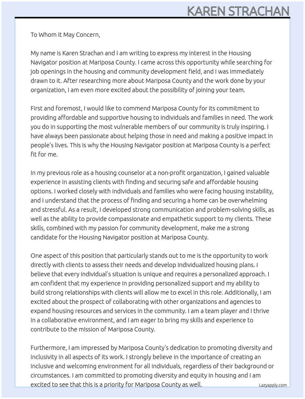 Housing Navigator At Mariposa County Cover Letter