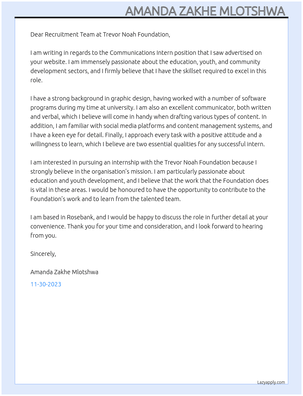 Communications Intern  At Trevor Noah Foundation  Cover Letter