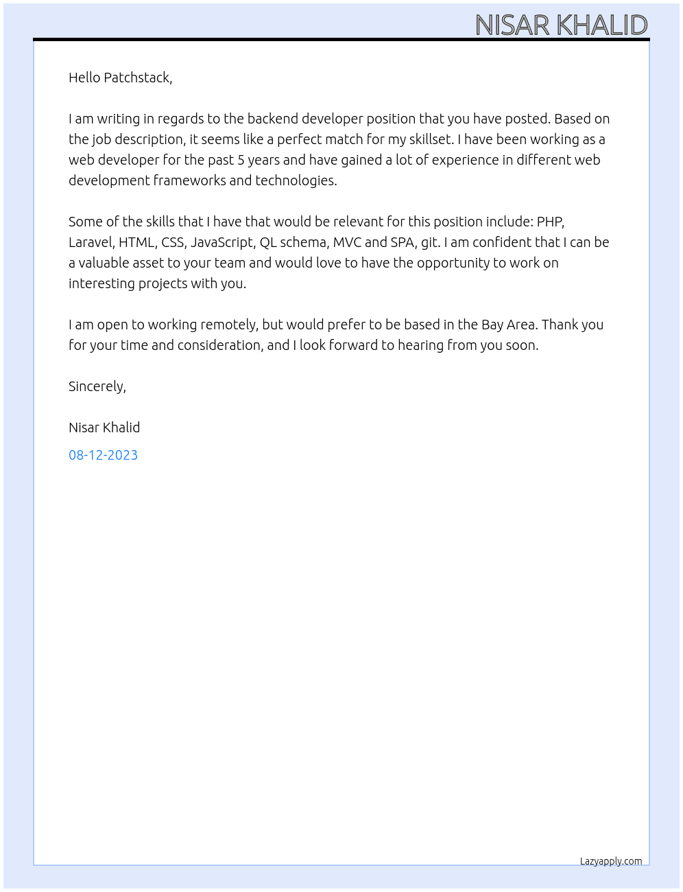 Backend Developer At Patchstack  Cover Letter